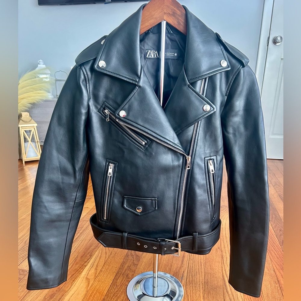 SOLD ZARA Black Faux Leather Biker Jacket with Belt